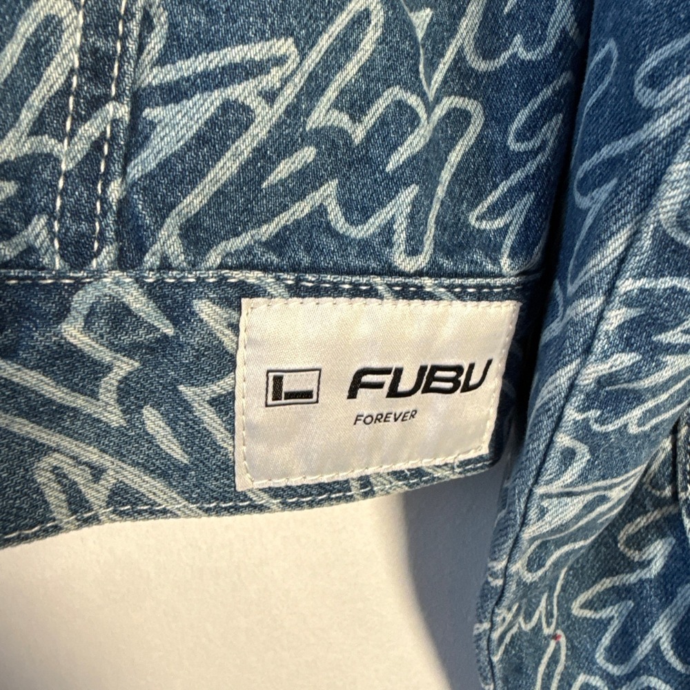 Forever 21 x FUBU Denim Jacket Womens Small Blue Excellent Cropped Logo Print - Picture 6 of 8